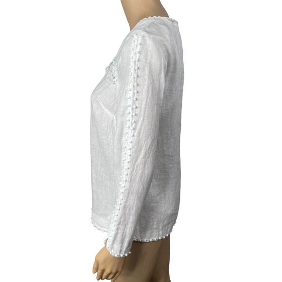 J.Crew White Linen Pom Pom Tassel Long Sleeve Top SZ 0 - Picture 8 of 12